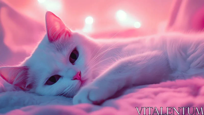 White Cat Rests in Pink Dreamscape. Surreal Glow.
