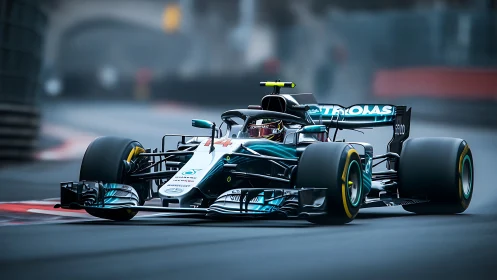 Hybrid Formula 1 car powers through misty street circuit.
