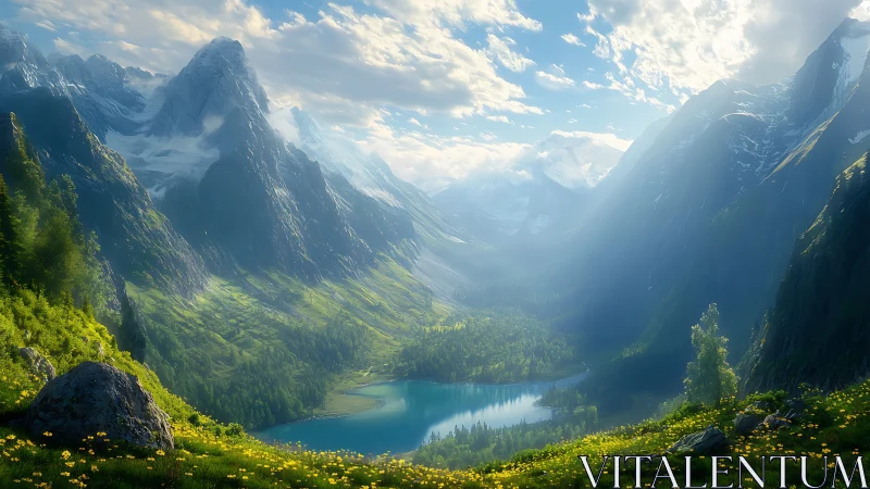 Sunlit valley lake cradles mountains in a painted hush