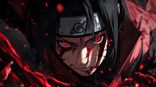 Crimson-eyed warrior lunges through a storm of burning embers.