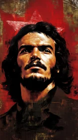 Textured digital portrait isolates defiant male figure on red field