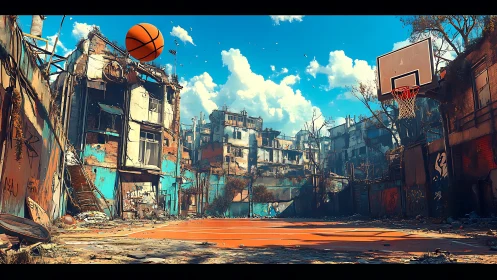Rusting city court with soaring basketball under azure sky.