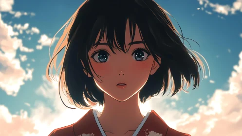 Sunlit anime girl portrait under glowing evening sky.