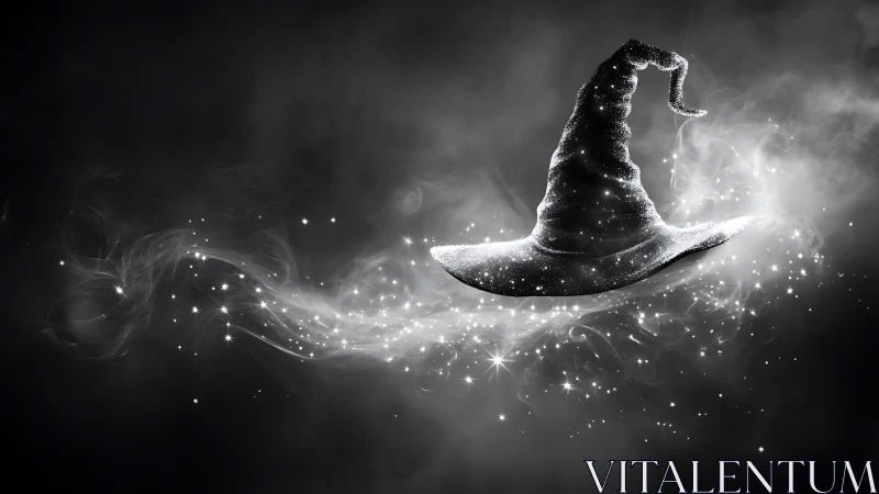 Glittering wizard hat floats through swirling starry smoke