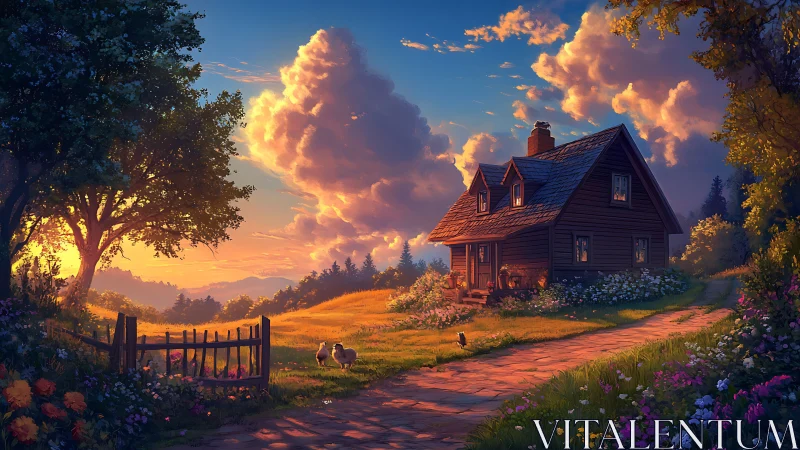 Sunlit country house stands beside curved path at sunset