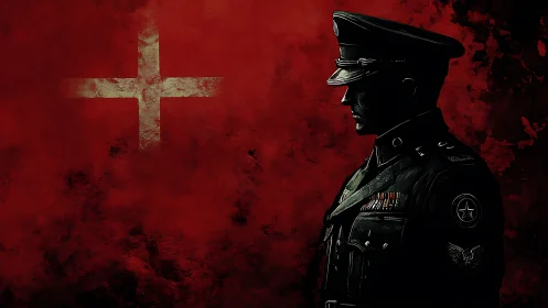 Silhouetted uniformed officer stands before red textured field