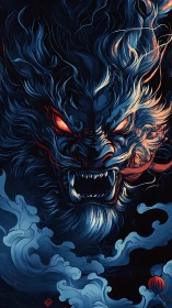 Mythic dragon head with glowing eyes amid swirling clouds.