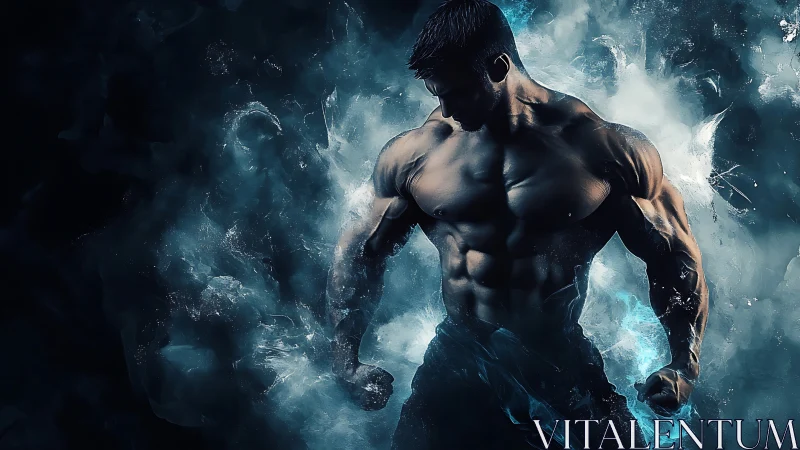 Muscular male figure emerges from swirling blue energy clouds