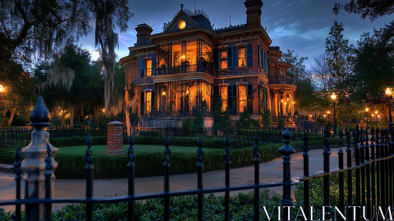 Gothic manor glows at dusk behind wrought iron whispers.