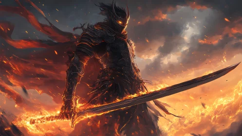 Flame-Wreathed Dark Knight in Dynamic Fantasy Battle Stance.