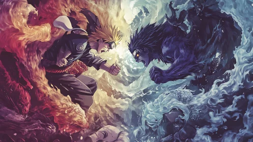 Fiery ninja and blue beast clash in swirling elemental storm.