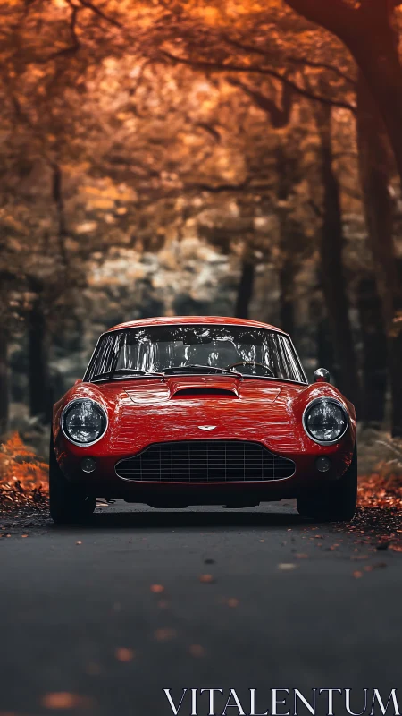 Classic red sports car gleams against a moody autumn forest