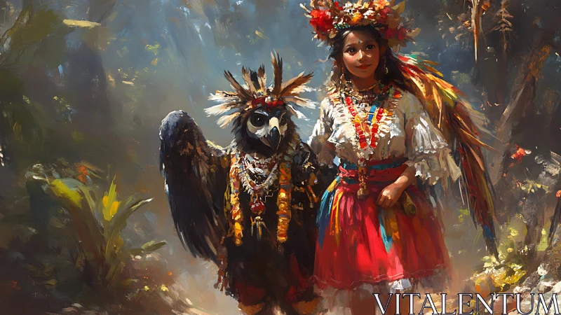 Young Woman and Anthropomorphic Bird in Vibrant Folk Costumes, Painterly Style.