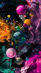 Chromatic spheres drifting through molten abstract tides.