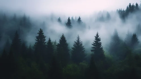 Dense Coniferous Forest Landscape with Atmospheric Mist Diffusion