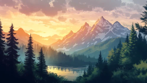 Sunlit alpine peaks above reflective conifer forest lake.