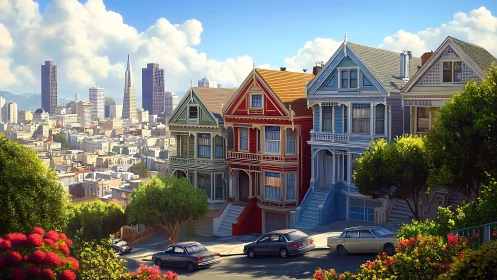 Colorful hilltop Victorian homes welcome a sunny city view