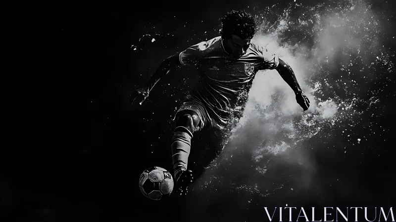 Monochrome dynamic soccer strike with particulate motion physics.