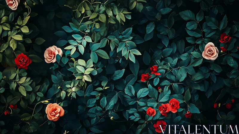 Rose Garden Overhead View with Red and Peach Blooms