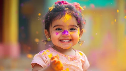 Joyful child covered in vibrant Holi powder celebration.