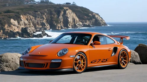 Orange Porsche sports car parked by coastal cliffs.
