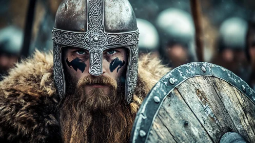 Viking warrior stares through battle haze with weathered shield
