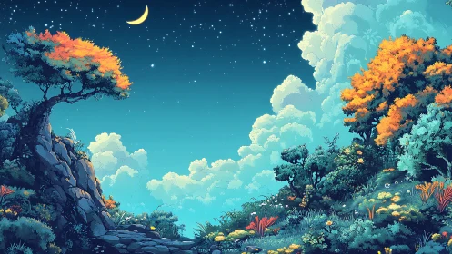 Crescent moon illuminates vibrant fantasy hillside forest