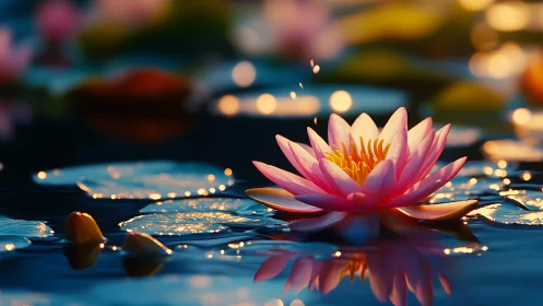 Pink Water Lily with Golden Hour Bokeh Illumination and Reflective Surface