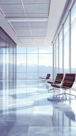 Modern high-rise office interior with panoramic mountain and lake views