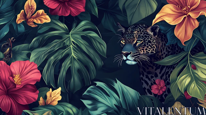Leopard concealed in lush hibiscus and monstera jungle.