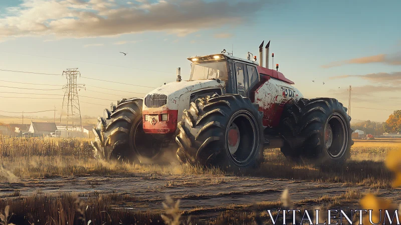 Mighty red farm tractor rolls through a golden sunrise field
