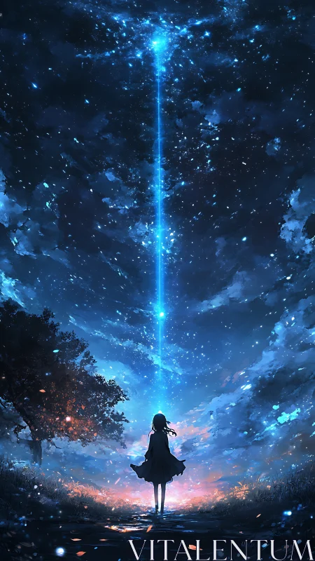Girl beneath cosmic sky and vertical blue starlight beam.