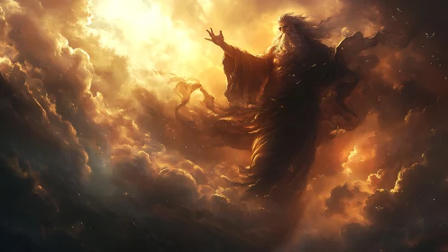Divine robed figure commands luminous storm clouds in golden light