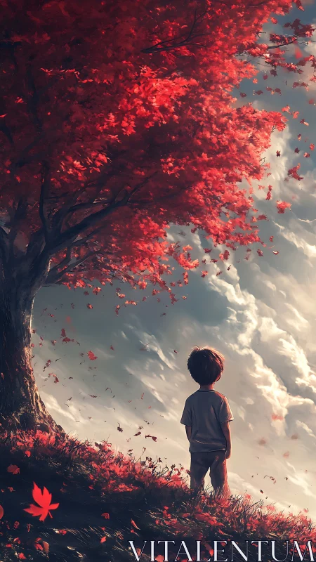 Child stands beneath red tree watching leaves drift upward