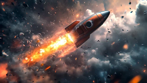 Retro rocket blazes through stormy clouds in fiery ascent.