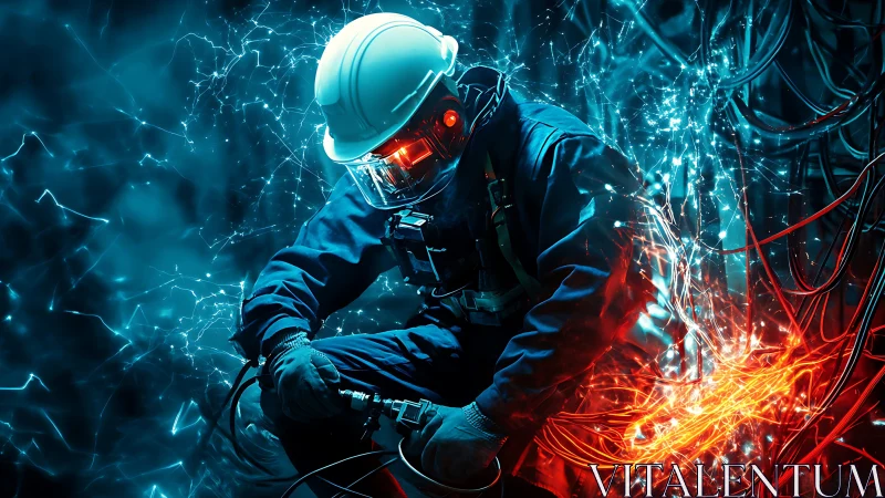 Cyberpunk technician in neon energy nexus, cinematic composition.