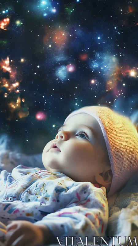 Dreaming infant gazes at a glowing, star-filled cosmic sky