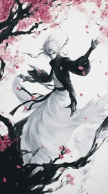 White-haired spirit swordsman dances through blooming shadows