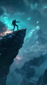 Star-washed summit trekker greeting a glowing cosmic sky.