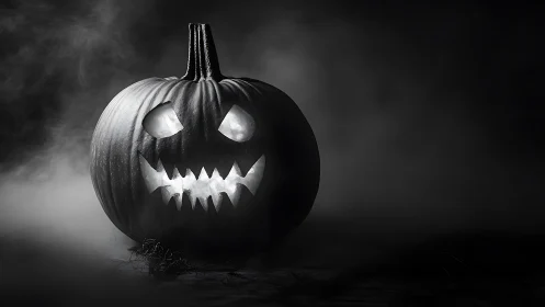 Spooky jack o lantern glowing softly in swirling night fog.