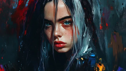Moody digital portrait shows intense gaze amid abstract strokes
