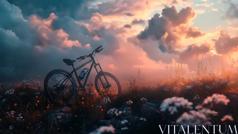 Electric bike at sunset in wildflower meadow.