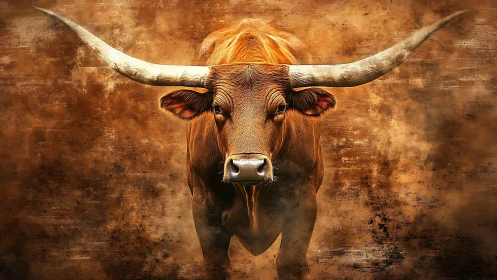 Longhorn bull charges through dust in dramatic sepia field.