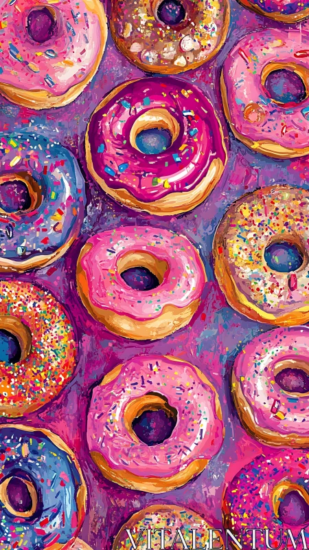 Joyful sprinkle donuts in bright candy colors on purple.