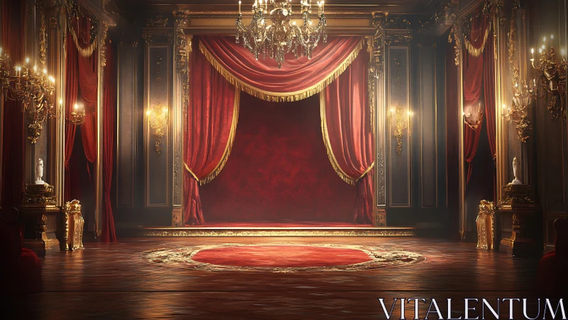 Opulent red velvet throne room with gilded chandeliers.