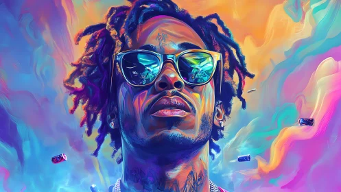 Neon crowned dreamer in swirling vaporwave color storm.