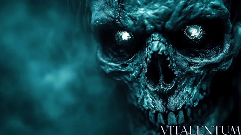 Undead skull glows with eerie cyan spectral light.
