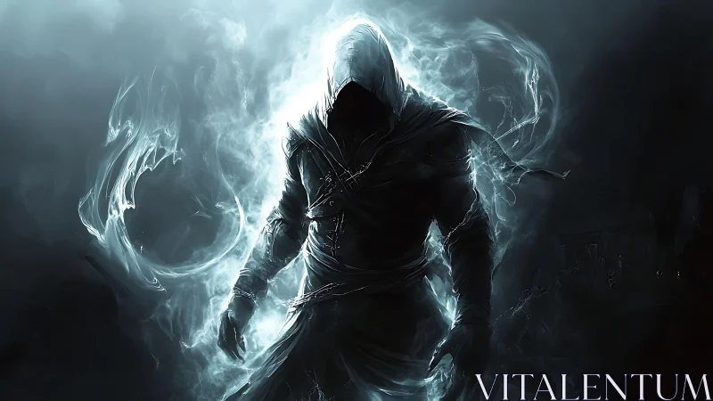 Shadowed wraith strides through crackling stormlit ether