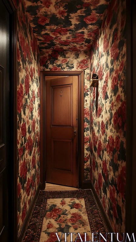 Narrow hallway with floral wallpaper and wooden door.