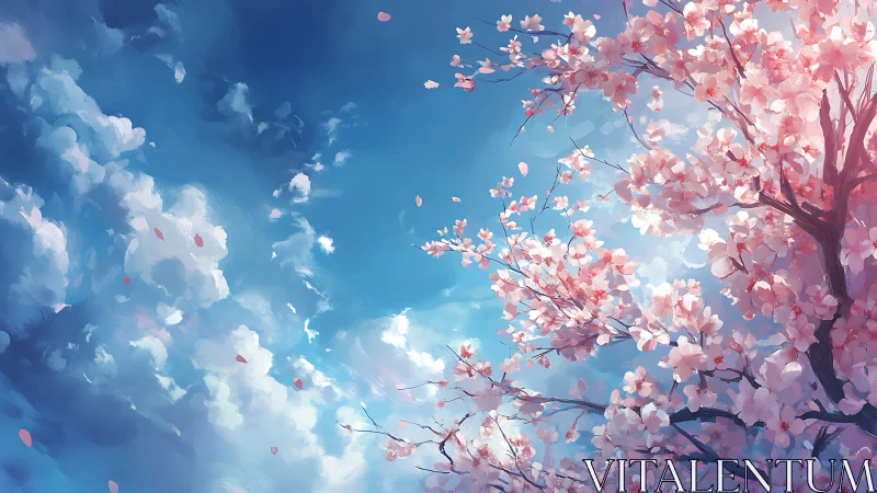 Cherry blossoms against luminous spring sky panorama.